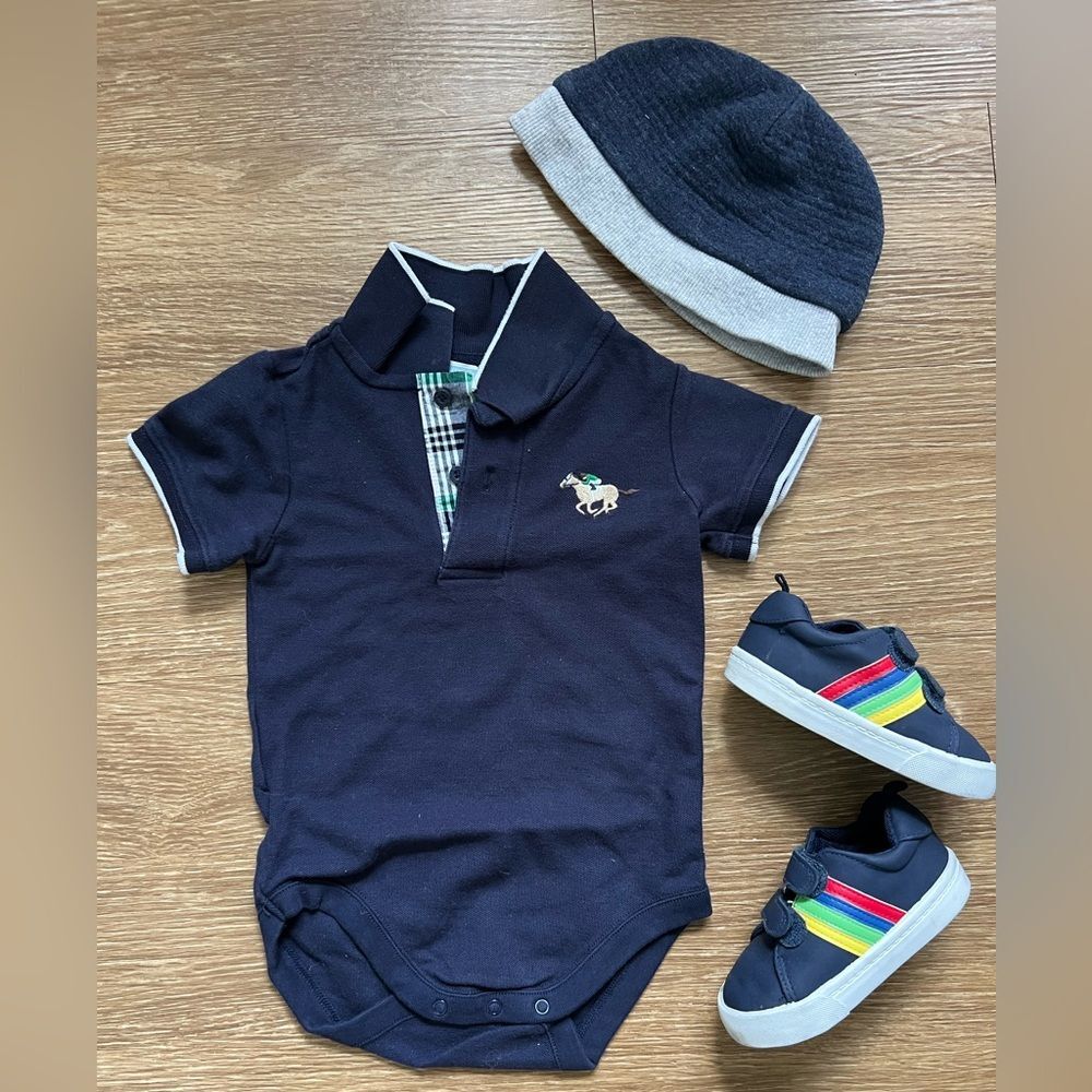 Toddler Bundle: Onesie, Sneakers, & Hat Navy Blue Preppy Baby